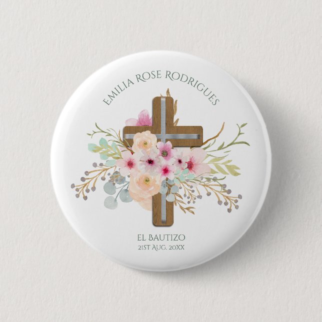 Pink Floral Cross Girls Bautizo Bautismo Baptism 6 Cm Round Badge (Front)