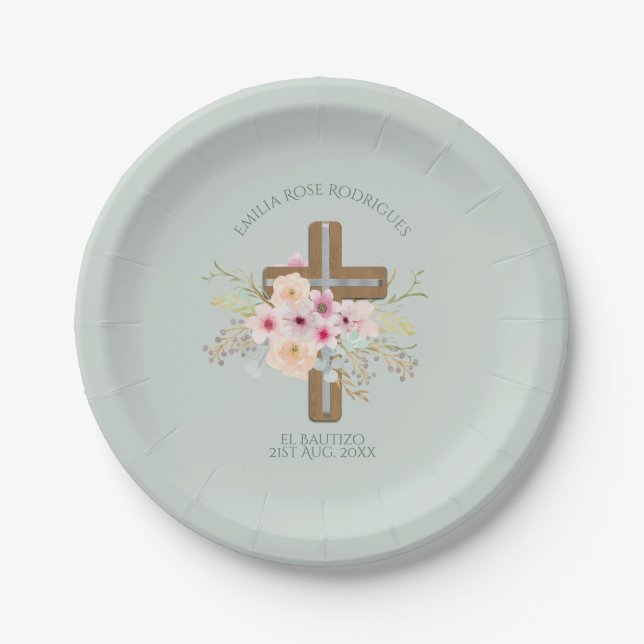 Pink Floral Cross Girls Bautizo Bautismo Baptism Paper Plate (Front)