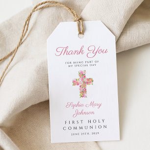 Pink Floral Cross Religious First Communion  Gift Tags