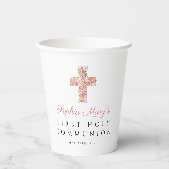 Pink Floral Cross Religious First Communion  Paper Cups (Front)