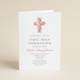 Pink Floral Cross Religious Girl First Communion Invitation