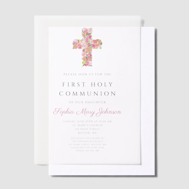 Pink Floral Cross Religious Girl First Communion Vellum Invitations (Offset)