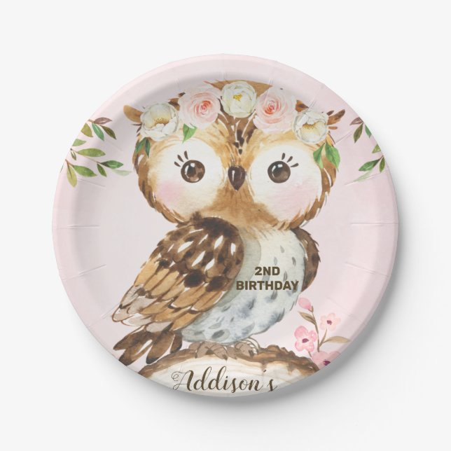 Pink Floral Crown Owl Birthday Paper Plate (Front)