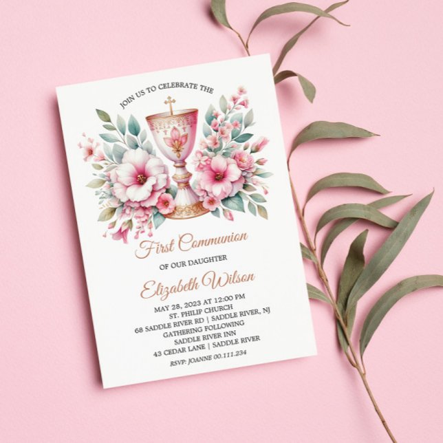 Pink Floral Cup First Holy Communion Girl Invitation (Creator Uploaded)