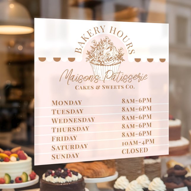 Pink Floral Cupcake Bakery Pastry Shop Store Hours (Pink Floral Cupcake Bakery Pastry Shop Store Hours Window Cling)