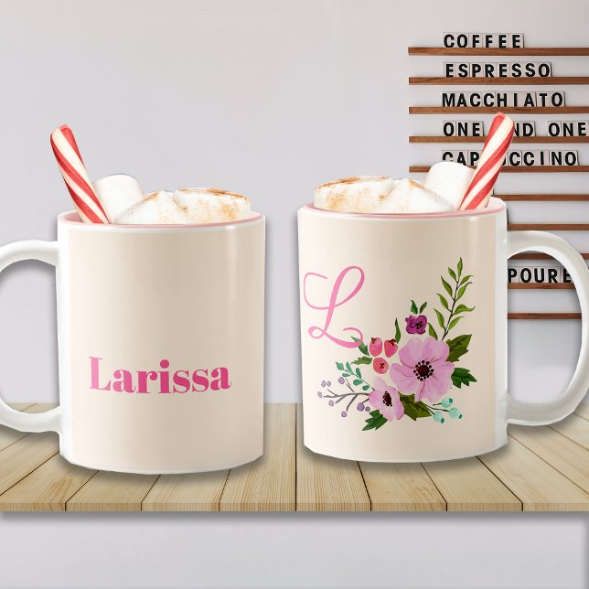 Pink Floral Custom Name and Monogram Two-Tone Coffee Mug (Creator Uploaded)