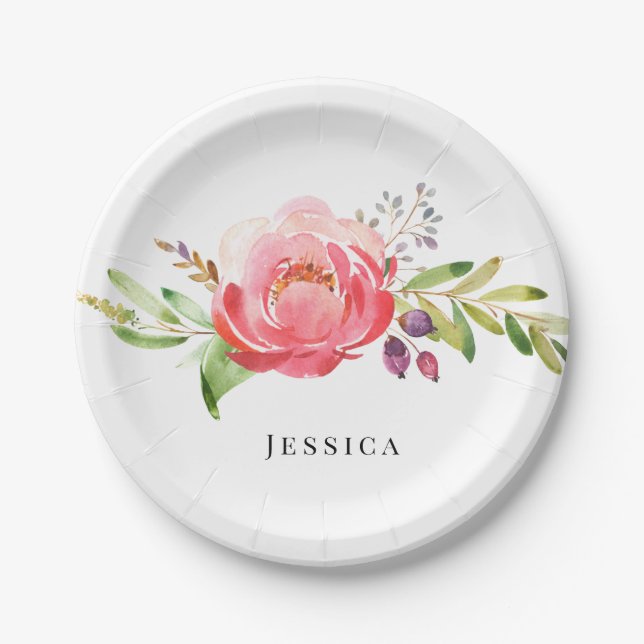 Pink Floral Custom Name Baby Shower Paper Plate (Front)
