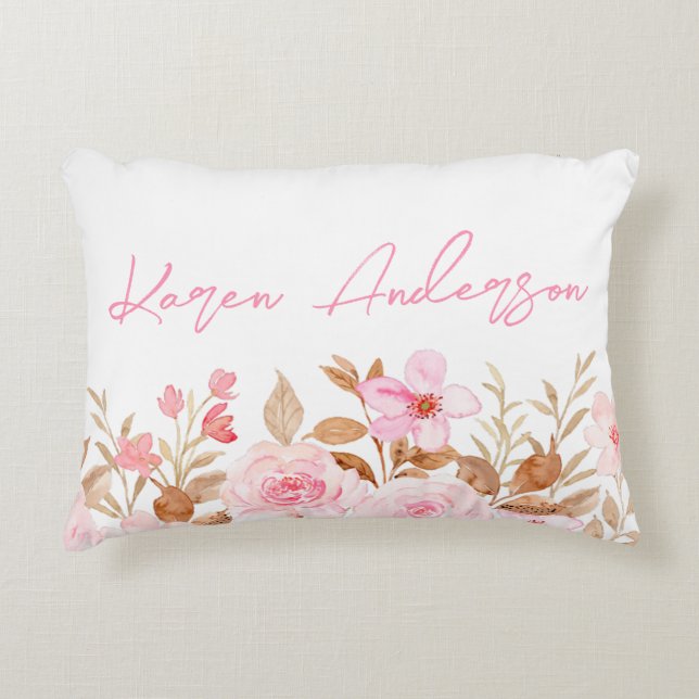 Pink Floral Custom Name Decorative Cushion (Front)