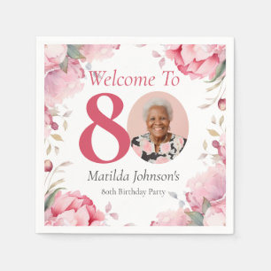 Pink Floral Custom Photo 80th Birthday Welcome Napkin