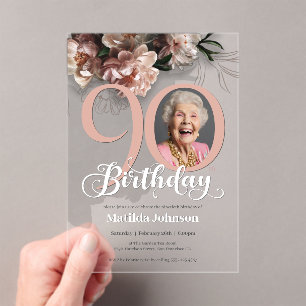 Pink Floral Custom Photo 90th Birthday Acrylic Invitations