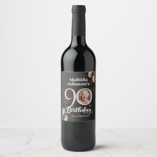 Pink Floral Custom Photo 90th Birthday Wine Label