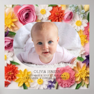 Pink Floral Custom Watercolor New Baby Girl Photo Poster