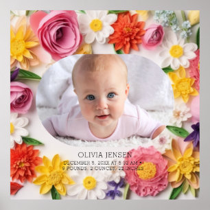 Pink Floral Custom Watercolor New Baby Girl Photo Poster