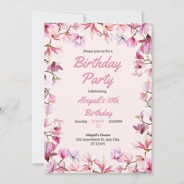 Pink Floral Customisable Birthday Party Invitation (Front)