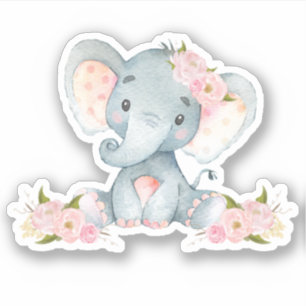 Pink Floral Cute Baby Elephant Cut Out Vinyl  Stic