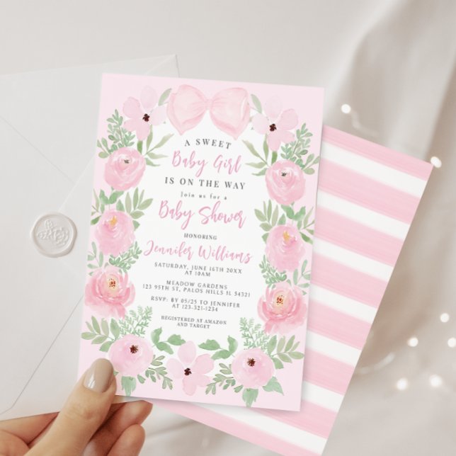 Pink floral cute bow boho chic baby girl shower invitation (Creator Uploaded)
