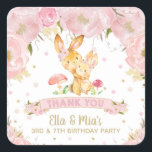 Pink Floral Cute Bunnies Joint Sisters Birthday Square Sticker<br><div class="desc">Personalise this lovely Floral Bunnies sticker labels with your own wordings easily and quickly,  simply press the customise it button to further re-arrange and format the style and placement of the text.   Matching Pink Floral Bunny Items are available in store!
 (c) The Happy Cat Studio</div>
