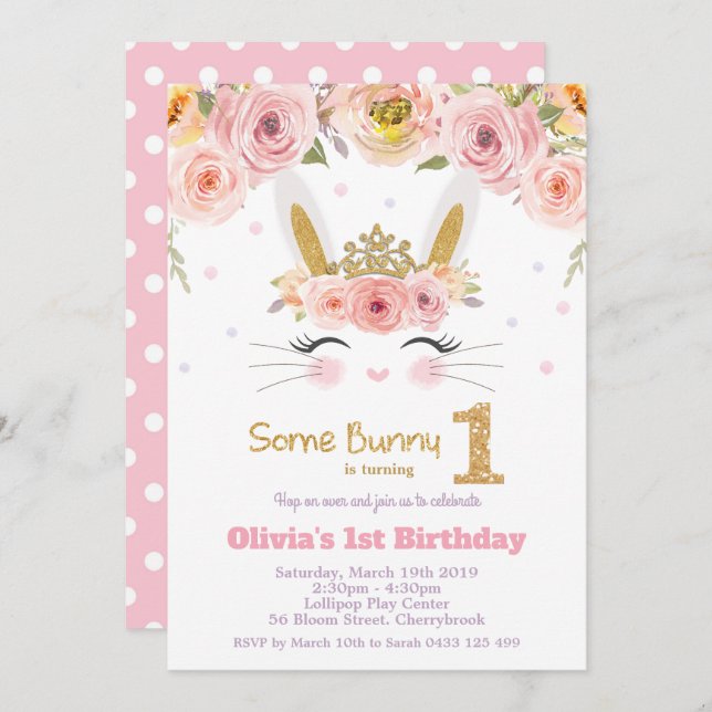 Pink Floral Cute Bunny Rabbit 1st First Birthday Invitation (Front/Back)