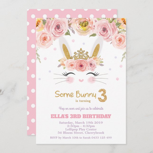 Pink Floral Cute Bunny Rabbit 3rd Third Birthday Invitation (Front/Back)