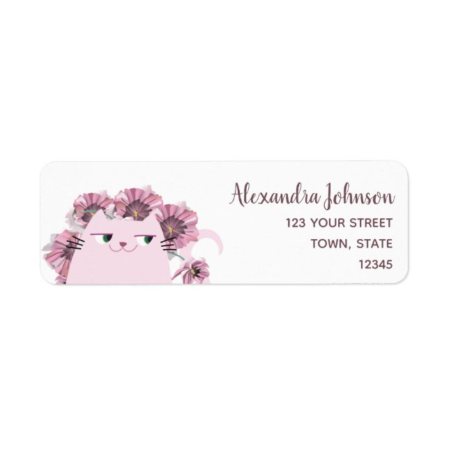 Pink Floral Cute Cat Return Address (Front)