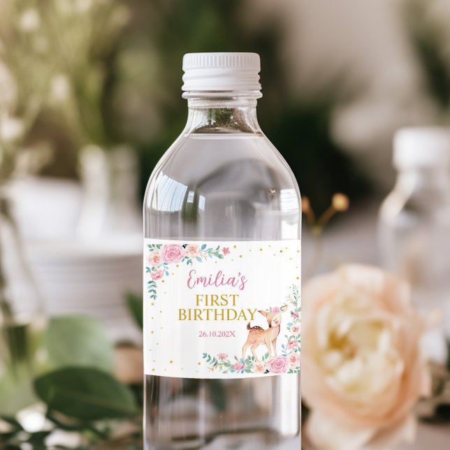 Pink Floral Cute Deer Birthday Water Bottle Label (Creator Uploaded)