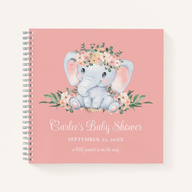 Pink Floral Cute Elephant Baby Girl Baby Shower Notebook (Front)