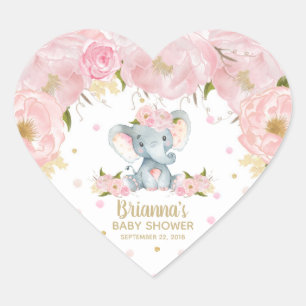Pink Floral Cute Elephant Baby Shower Heart Sticker
