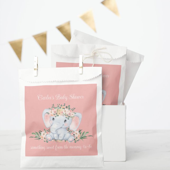 Pink Floral Cute Elephant Baby Shower Thank You Favour Bags (Pink Floral Cute Elephant Baby Shower Favor Bags or Goodie Bags for Thank You Gifts)
