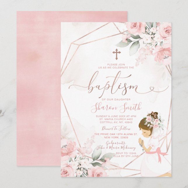 Pink Floral Cute Girl Praying Christening Baptism Invitation (Front/Back)
