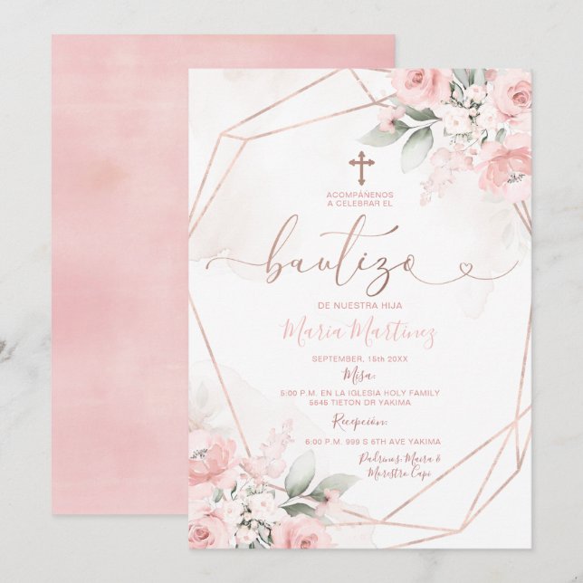 Pink Floral Cute Girl Spanish Bautizo Christening Invitation (Front/Back)