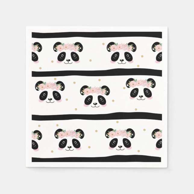 Pink Floral Cute Panda Birthday Baby Party Napkin (Front)