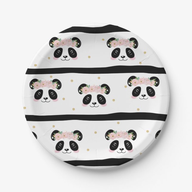 Pink Floral Cute Panda Birthday Baby Party Paper Plate (Front)