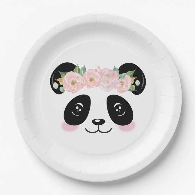 Pink Floral Cute Panda Birthday Party Paper Plate (Front)