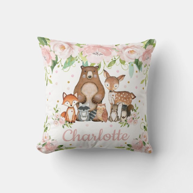 Pink Floral Cute Woodland Animals Girl Nursery Cushion (Front)