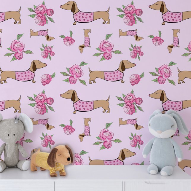 Pink Floral Dachshunds and Peonies Nursery  Wallpaper (pink wiener dog wallpaper )