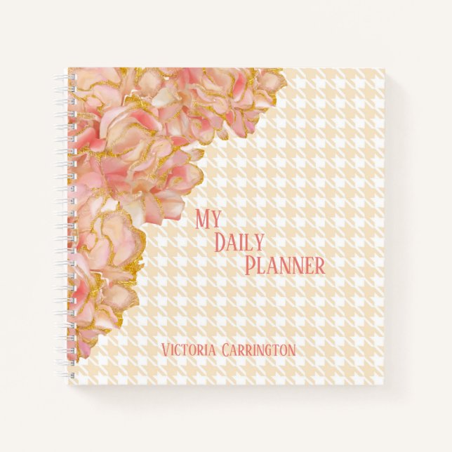 Pink Floral Daily Planner Houndstooth Name Modern  Notebook (Front)
