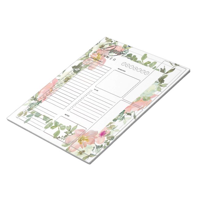 Pink floral daily planner sheets notepad (Angled)