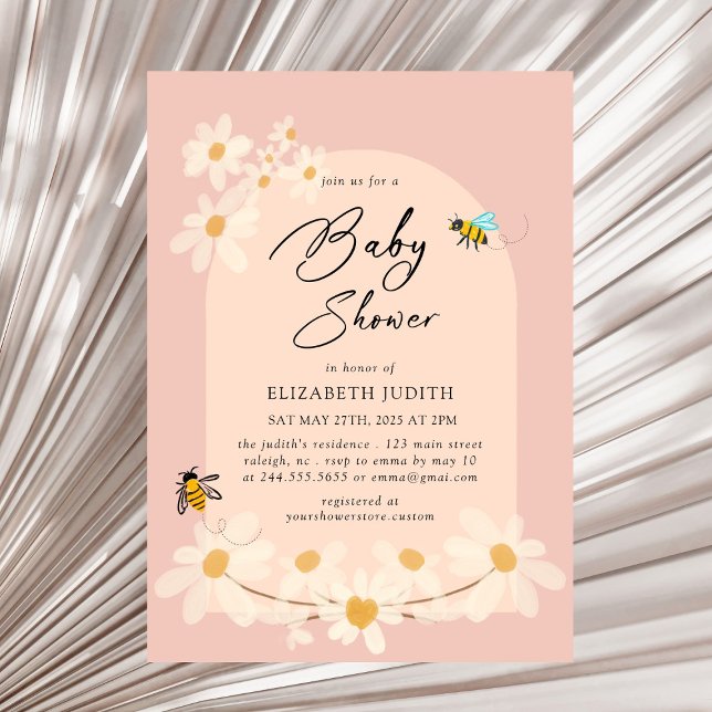 Pink Floral Daisy Bees Baby Shower Invitation (Creator Uploaded)