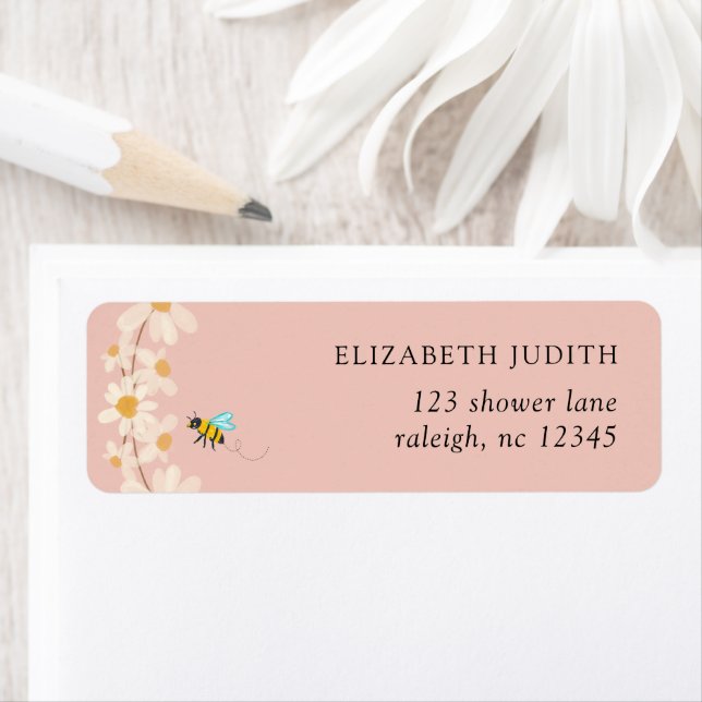 Pink Floral Daisy Bees Baby Shower Return Address (Insitu)
