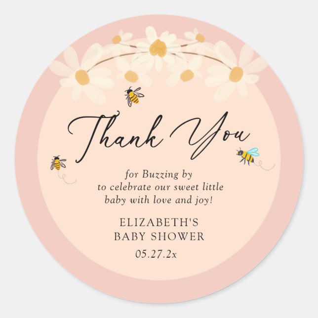 Pink Floral Daisy Bees Baby Shower Thank you Classic Round Sticker (Front)