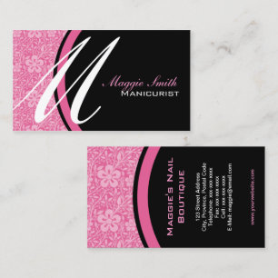 Pink Floral Damask Monogram Business Card