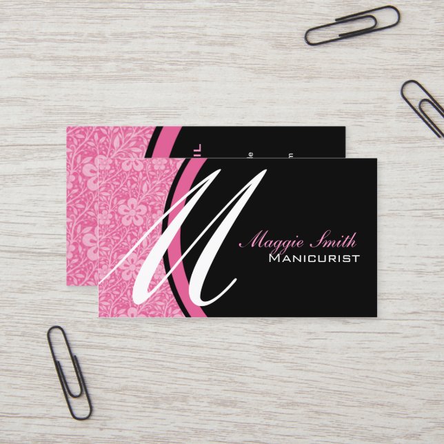Pink Floral Damask Monogram Business Card (Front/Back In Situ)