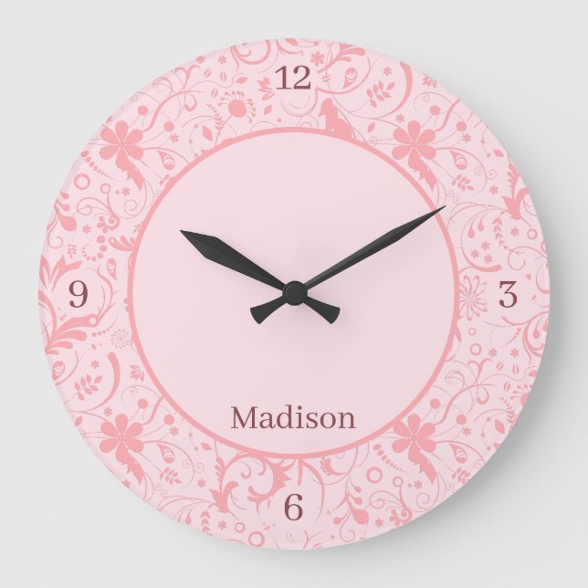 Pink Floral Damask Pattern Large Clock (Front)