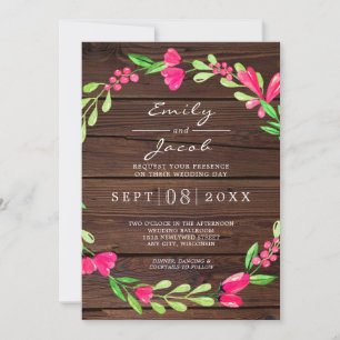 Pink Floral Dark Brown Rustic Wood Country Wedding Announcement