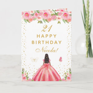 Pink Floral Dark Skin Girl Birthday Card