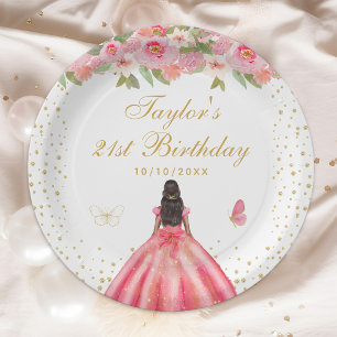 Pink Floral Dark Skin Girl Birthday Party Paper Plate