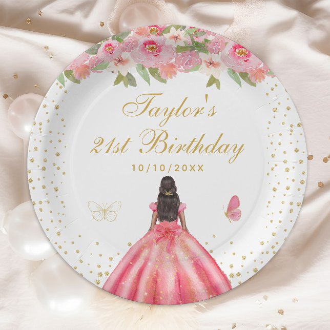 Pink Floral Dark Skin Girl Birthday Party Paper Plate (Creator Uploaded)