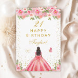 Pink Floral Dark Skin Girl Happy Birthday Card<br><div class="desc">This elegant and glamourous birthday card can be personalised with a name or title such as daughter, granddaughter, niece, friend etc. The design features a beautiful princess with dark hair and dark skin in a pink ball gown. The text combines handwritten script and modern sans serif fonts for a classy...</div>