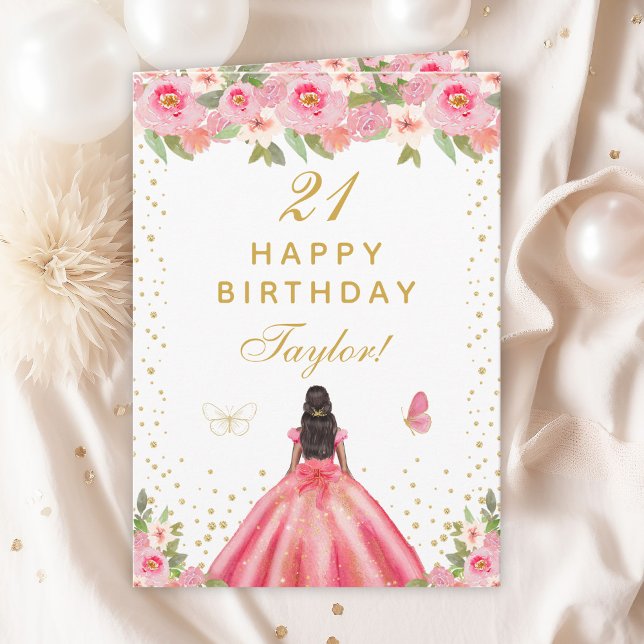 Pink Floral Dark Skin Girl Happy Birthday Card (Creator Uploaded)
