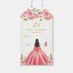 Pink Floral Dark Skin Girl Happy Birthday Gift Tags